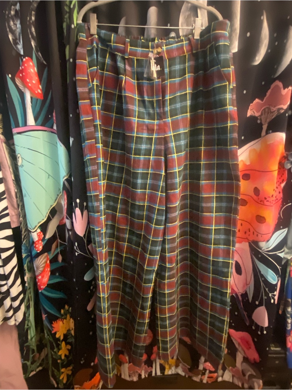 Dressed in LALA Plaid Wide-Leg Trousers - GILF Wide Leg Trousers in Blue + Wine